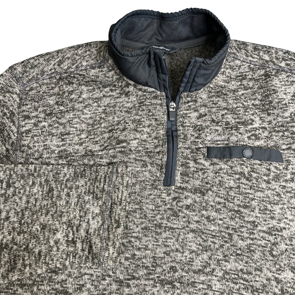 Eddie Bauer Mens Large Gray Marled Quarter Zip Fleece Lined Pullover Sweater
